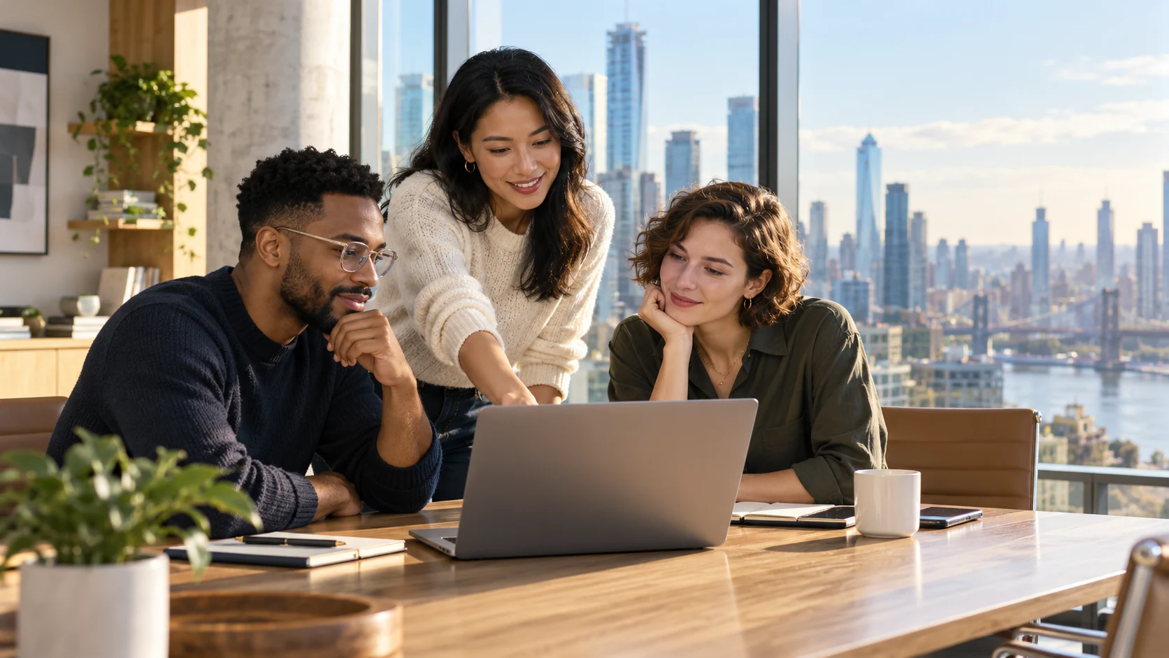 Illustrative scene of a team working together around a laptop