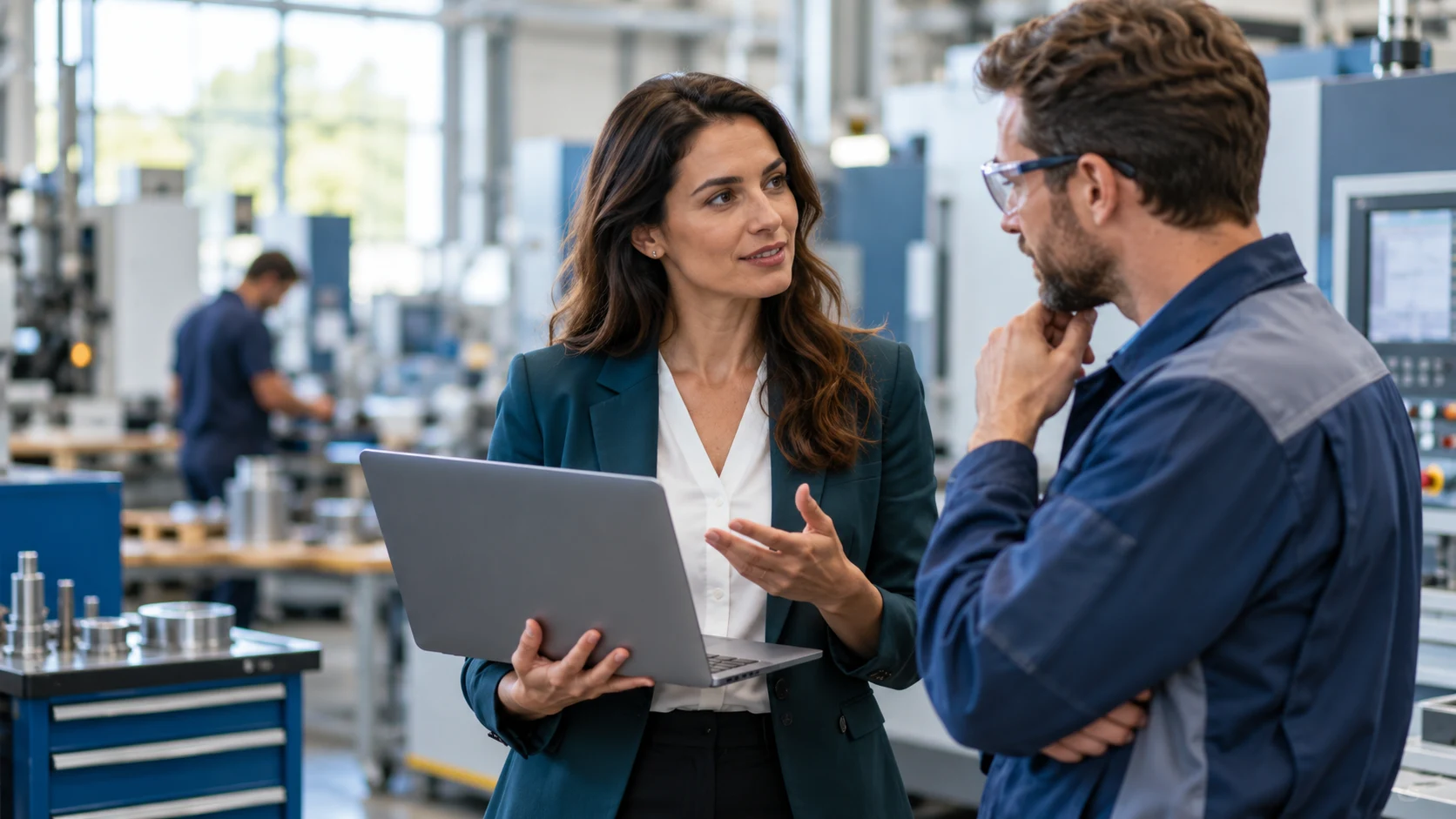 Illustrative scene of a consultant and engineer discussing their work
